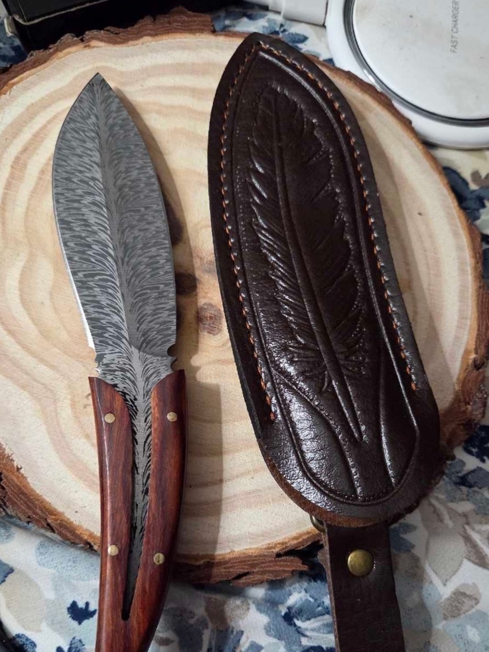 Handcrafted Damascus Feather Knife With Brown Wood Handle with Leather Sheath